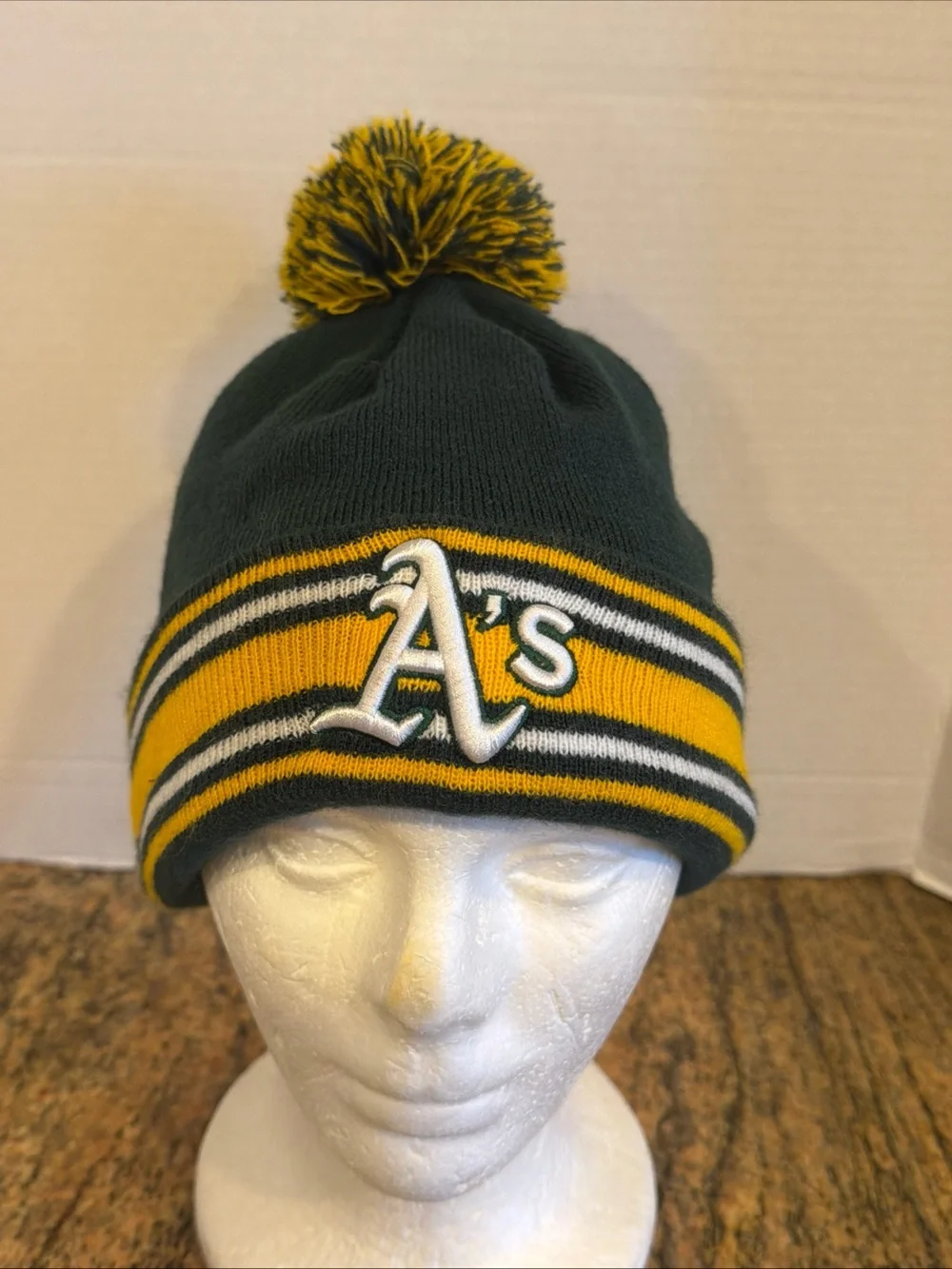New Era Green Oakland Athletics Striped Cuffed Knit Hat with Pom Youth One Size